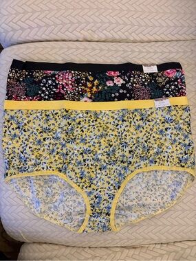 Cacique Floral Full Cut Briefs - 2 Pack Yellow & Black Floral Print -New- (3X)